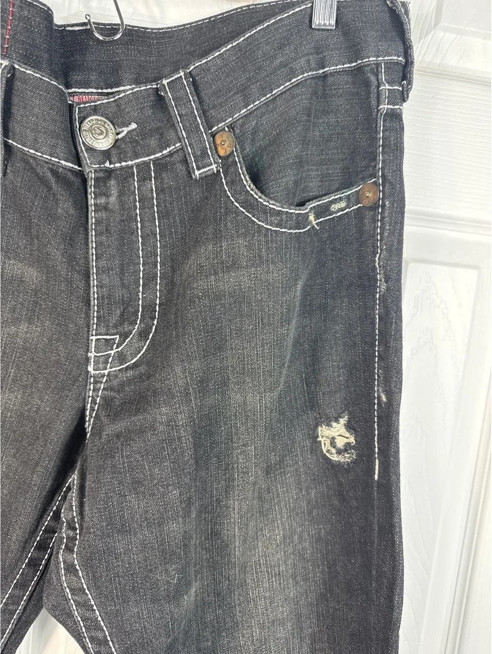 True Religion Black Distressed Denim Jeans with White Stitching